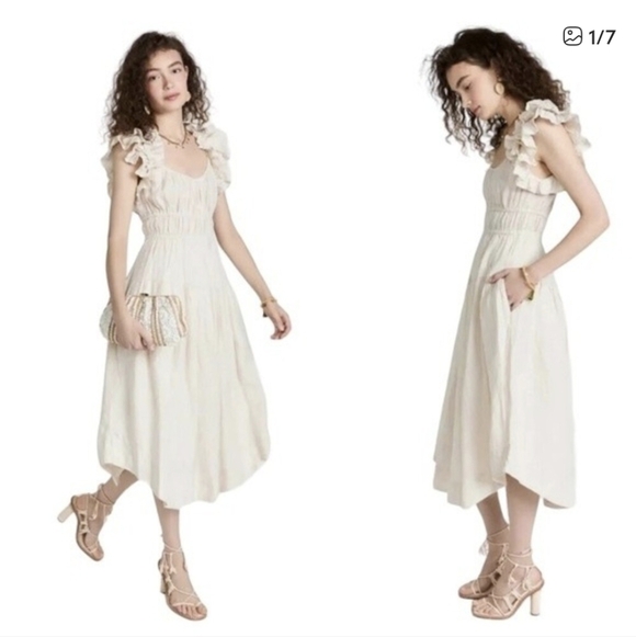 ULLA JOHNSON Rissa Dress Sand 100% Linen Midi Ruffle Tiered Cream Stripe 8 - Picture 5 of 14